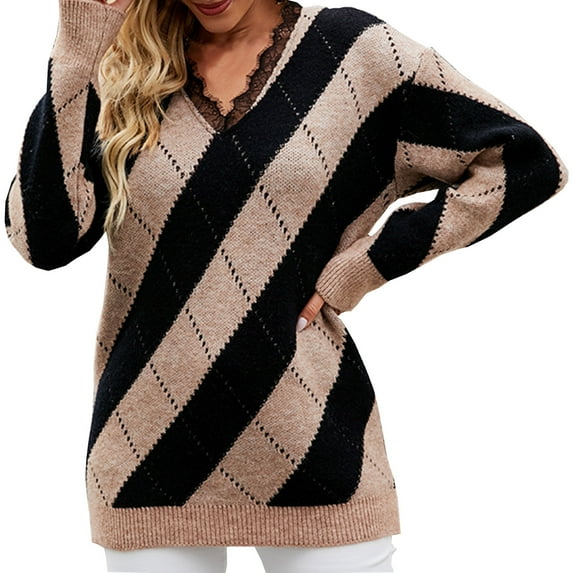 JINMGG V Neck Sweaters for Women Fall Winter Clearance,Women'S Casual Color Matching Lace V-Neck Sweater Loose Pullover