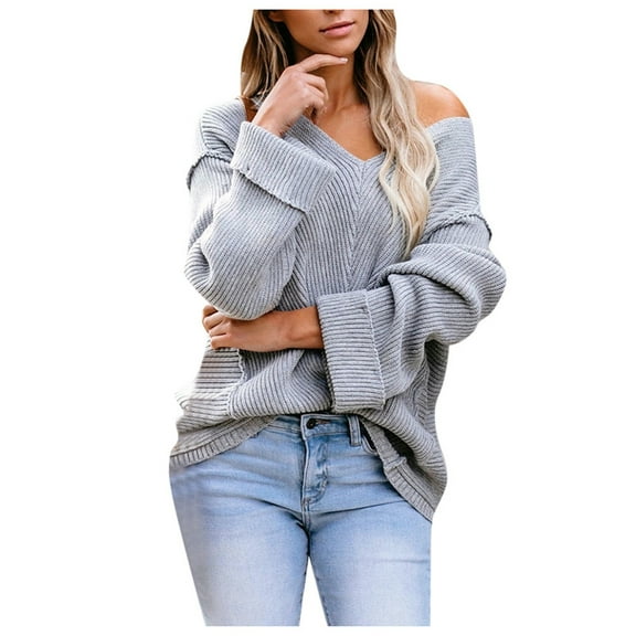 JINMGG V Neck Sweaters for Women Fall Winter Clearance,Women Sweater V-Neck Ripped Pullover Sweaters Crop Knit Jumper