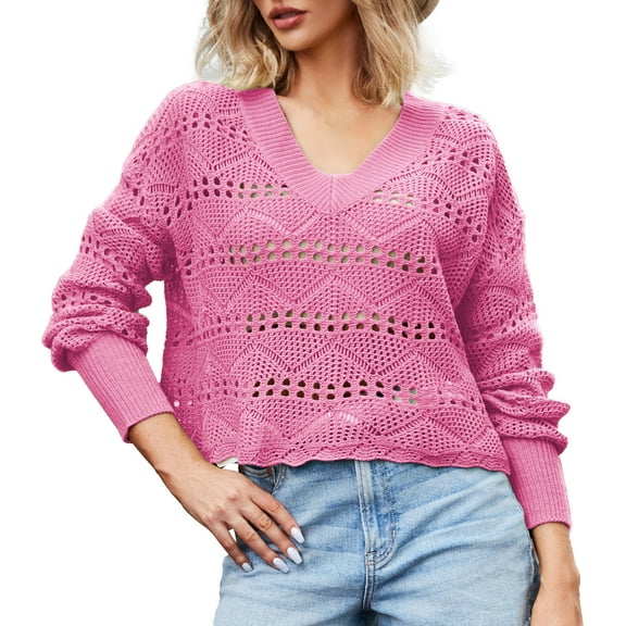 JINMGG V Neck Sweaters for Women Fall Winter Clearance,Women V-Neck Hollow Diamond Knit Fashion Sweater