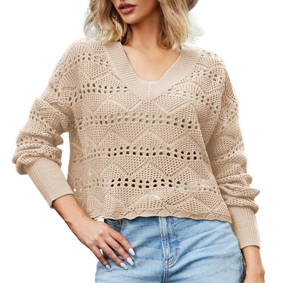JINMGG V Neck Sweaters for Women Fall Winter Clearance,Women V-Neck Hollow Diamond Knit Fashion Sweater