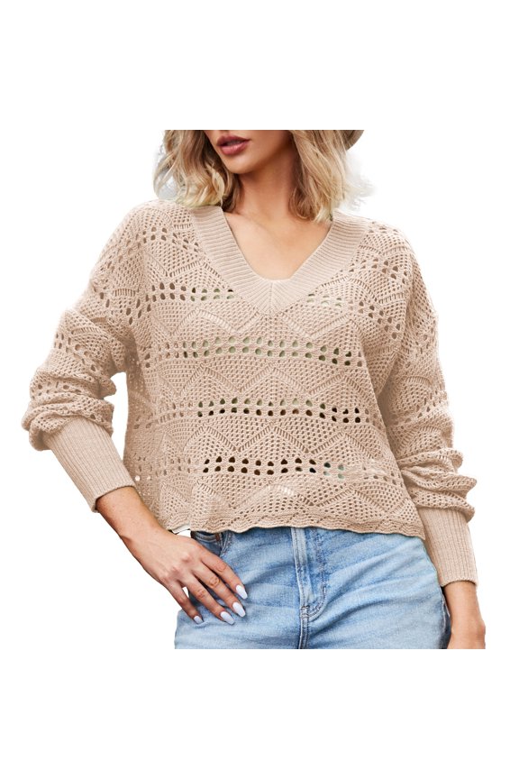 JINMGG V Neck Sweaters for Women Fall Winter Clearance,Women V-Neck Hollow Diamond Knit Fashion Sweater