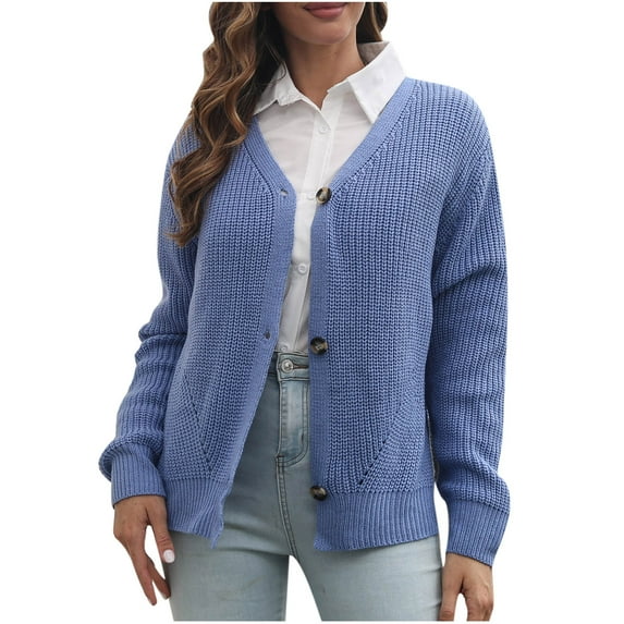 JINMGG V Neck Sweaters for Women Fall Winter Clearance,Women's Casual Solid Color Button Loose Knit Top Sleeve Cardigan Sweater V-Neck Sweater