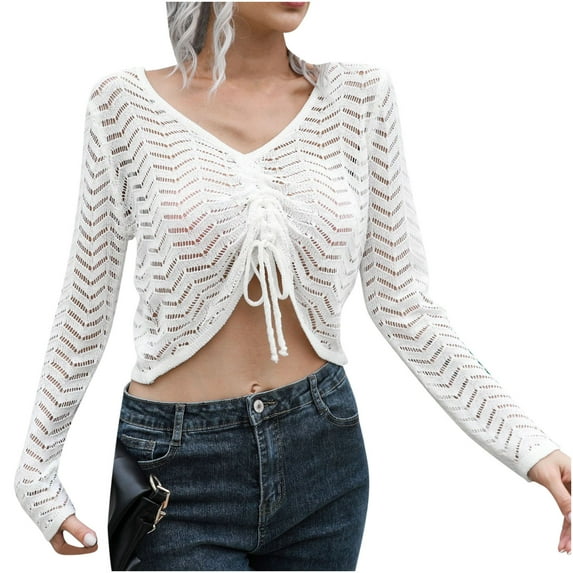 JINMGG V Neck Sweaters for Women Fall Winter Clearance,Women's Drawstring Hollow V-neck Sweater Women's Loose and Winter Long-sleeved Sweater New