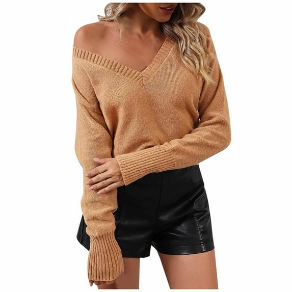 JINMGG V Neck Sweaters for Women Fall Winter Clearance,Women's Fashion Casual Color Long Sleeve V-Neck Sweater