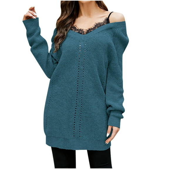 JINMGG V Neck Sweaters for Women Fall Winter Clearance,Women's Fashion Long Sleeves V-Neck Loose Pullover Tops Blouse Knitted Sweater