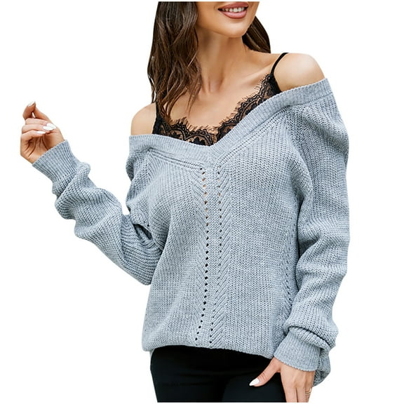 JINMGG V Neck Sweaters for Women Fall Winter Clearance,Women's Fashion Long Sleeves V-Neck Loose Pullover Tops Blouse Knitted Sweater