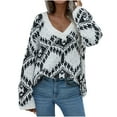 thumbnail image 1 of JINMGG V Neck Sweaters for Women Fall Winter Clearance,Women's Fashion Sleeves V-Neck Stripe Loose Color Matching Tops Blouse Knitted Sweater, 1 of 5