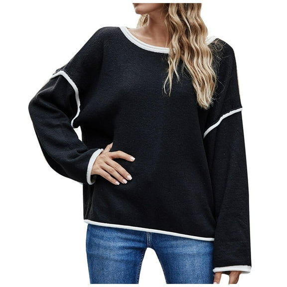 JINMGG V Neck Sweaters for Women Fall Winter Clearance,Women's Fashion Solid Loose Round Neck Long Sleeve Pullover