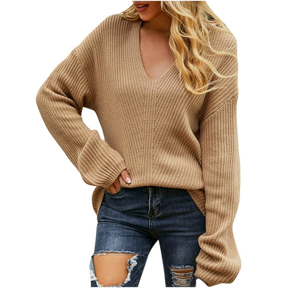 JINMGG V Neck Sweaters for Women Fall Winter Clearance,Women's Fashion Winter Solid Color Long Sleeve Pullover V-Neck Long Sleeve Sweater Tops