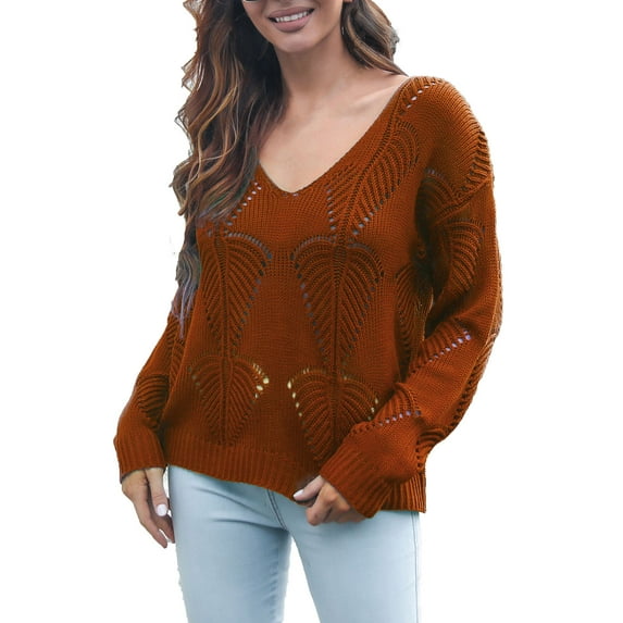 JINMGG V Neck Sweaters for Women Fall Winter Clearance,Women's Hollow Leaf V-Neck Long Sleeve Knitting Sweater Autumn and Winter Loose Sweater