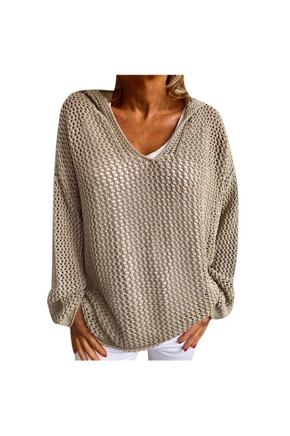 JINMGG V Neck Sweaters for Women Fall Winter Clearance,Women's Knitted Outer Sun Protection Knitted Hooded Sun Protection Clothing