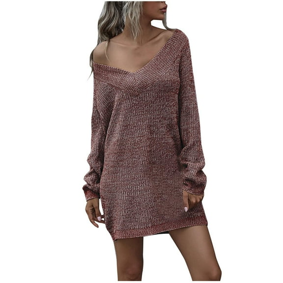JINMGG V Neck Sweaters for Women Fall Winter Clearance,Women's Long Sleeve Solid Color Knitted Loose V Neck Sweater