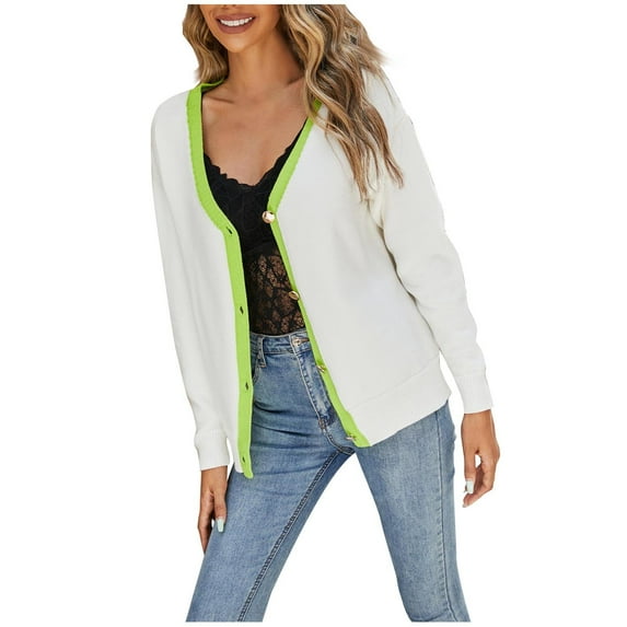 JINMGG V Neck Sweaters for Women Fall Winter Clearance,Women's Long Sleeved V-neck Patchwork Color Sweater Casual Cardigan Button Pullover Top