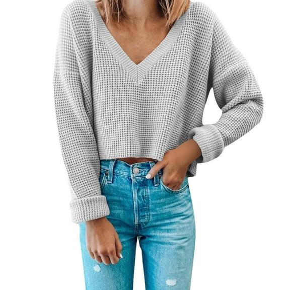 JINMGG V Neck Sweaters for Women Fall Winter Clearance,Women's Solid Color Casual Long-Sleeved V-neck Pullover Sweater