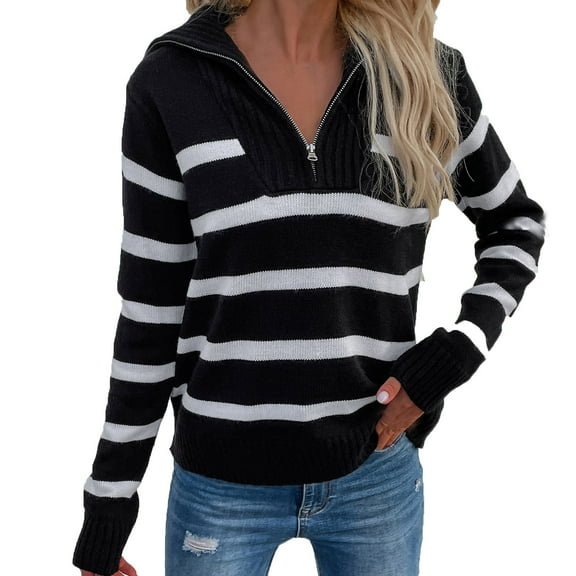 JINMGG V Neck Sweaters for Women Fall Winter Clearance,Women's V-Neck Loose Zipper Hedging Casual Stripe Knitting Sweater Tops