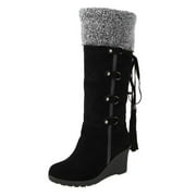 JINMGG Wedges for Women Plus Clearance 2021Women's After Sanding with Tassels High Boots Sleeves Wedges Snow Boots Black 37