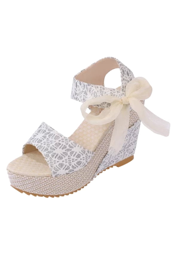 JINMGG Wedges for Women Plus Clearance Women's Ladies Wedges Heel Sandals Floral Flower Lace-up Shoes Footwear White 36