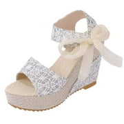 JINMGG Wedges for Women Plus Clearance Womens Ladies Platform Wedges Heel Sandals Floral Flower Lace-up Shoes Footwear White 40