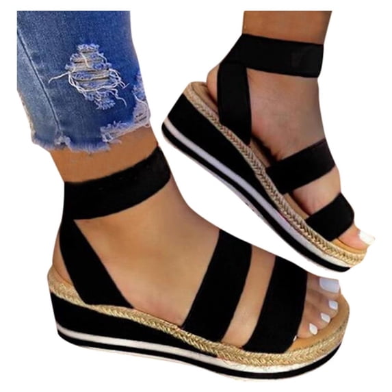 JINMGG Wedges for Women Plus Clearance Womens Flat Comfortable Elastic Band Ankle Strap Wedge Open Toe Platform Sandals Black 35