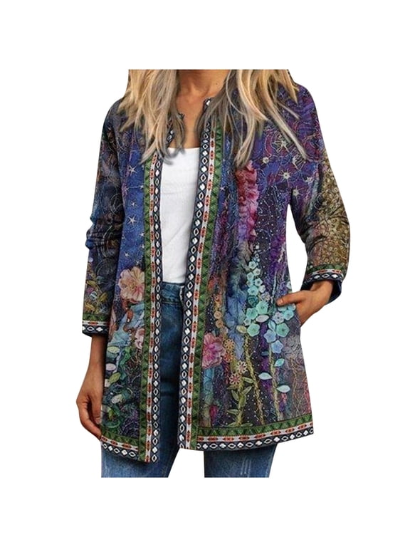 Winter Coats for Women, 2024 Fashion Winter Clearance Women's Ethnic Jacket O-Neck Full Sleeve Cardigan Vintage Print Lightweight Coat Blue XXXL