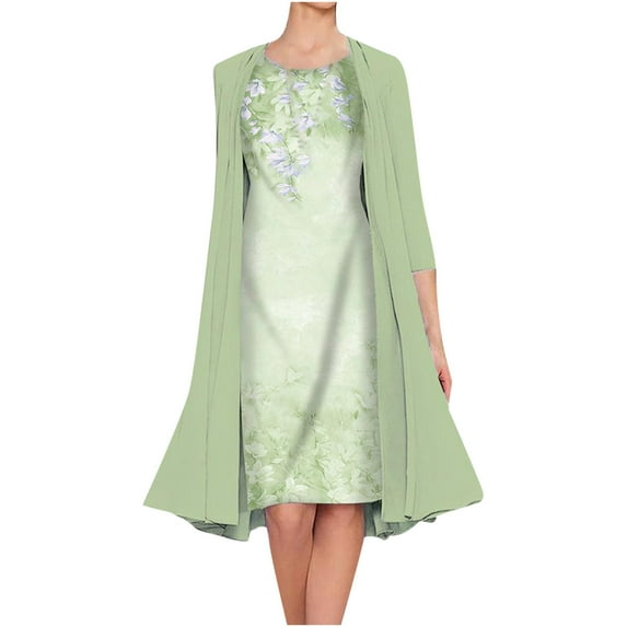 JINMGG Winter Coats for Women, 2026 Fashion Winter Women Casual Floral Print Round Neck Sleeveles Dress Solid Chiffon Two-Piece Set Green L