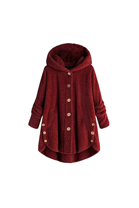 JINMGG Winter Coats for Women, 2024 Fashion Winter Clearance Women Plus Size Button Plush Tops Hooded Loose Cardigan Wool Coat Winter Jacket Wine XXL