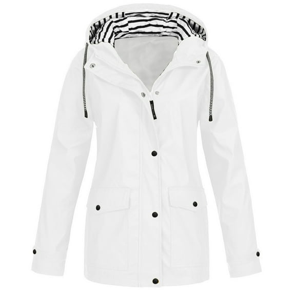 JINMGG Winter Coats for Women, 2024 Fashion Winter Clearance Women Solid Rain Jacket Outdoor Plus Size Waterproof Hooded Raincoat Windproof White M