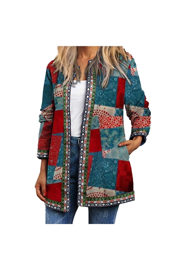 JINMGG Winter Coats for Women, 2024 Fashion Winter Clearance Women's Ethnic Jacket Sleeve Cardigan Vintage Print Lightweight Coat Tops Multicolor XXL