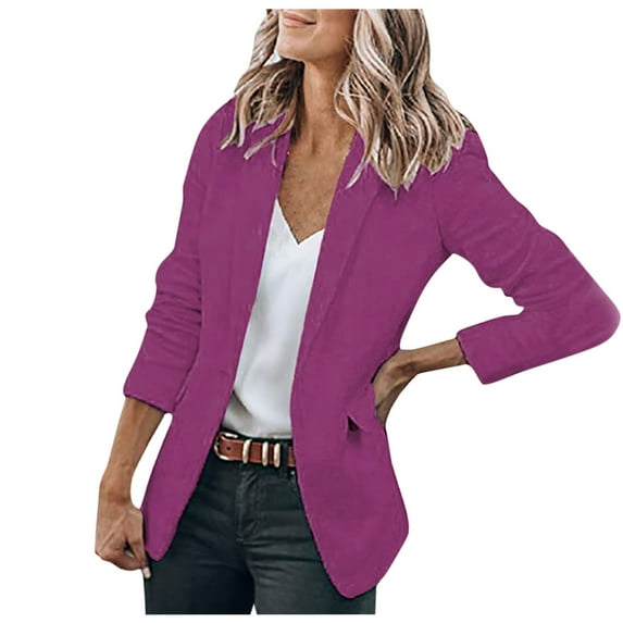 JINMGG Winter Coats for Women, 2024 Fashion Winter Clearance Women's Solid Color Button Pocket Recreational Long Sleeve Suit Coat Tops Purple L