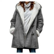 JINMGG Winter Coats for Women Womens Tops Plus Clearance,Women Winter Plus Size Solid Plus Velvet Coat Long Sleeve Horn Buckle Pocket Overcoat Tops