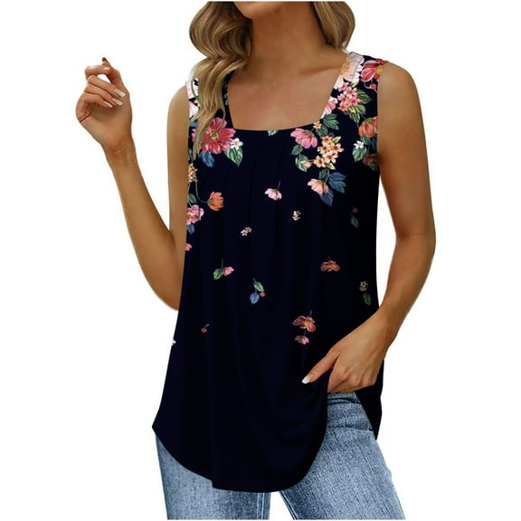JINMGG Women's Fashion Prinded Square Neck Comfortable Loose T-Shirt Sleeveless Blouse Casual Tops Black S