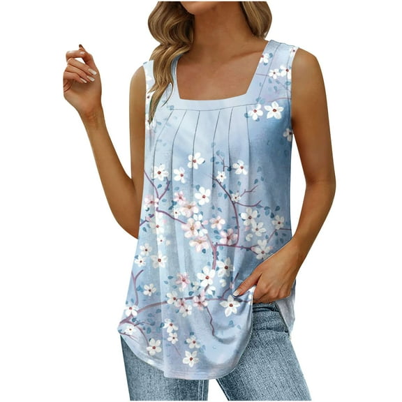JINMGG Women's Summer Casual Tank Tops Loose Fit Pleated Square Neck Sleeveless Shirts Tops Light Blue XL