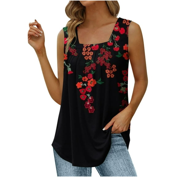 JINMGG Women's Summer Casual Tank Tops Loose Fit Pleated Square Neck Sleeveless Shirts Tops Red L