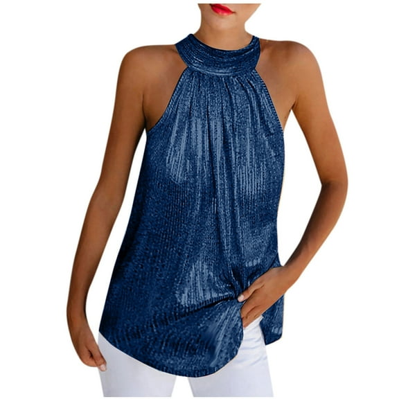 JINMGG Womens Casual Solid Color Round Neck Halter Sleeveless Tops Blouses Tops Tank Shirt Vest with Zipper Navy L