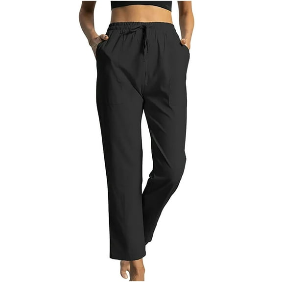 JINMGG Womens Plus Size Pants Women Solid Cotton Linen Ankle-Length Pants Pokets Casual Elastic Trousers Long Pants Trousers Black XXL