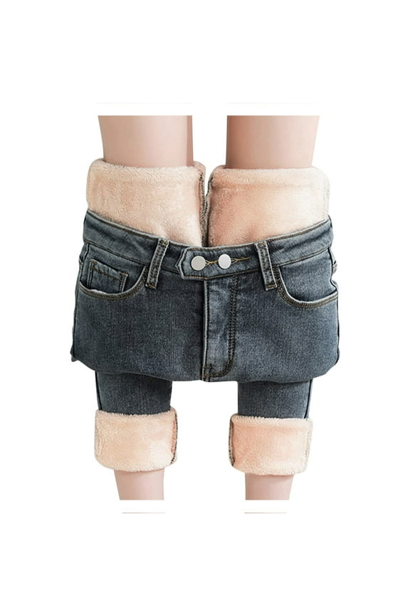 JINMGG Womens Plus Size Pants Womens Fleece Lined Thermal Winter High Waisted Thick Flannel Pants Slim Fit Stretch Warm Jeggings Navy S