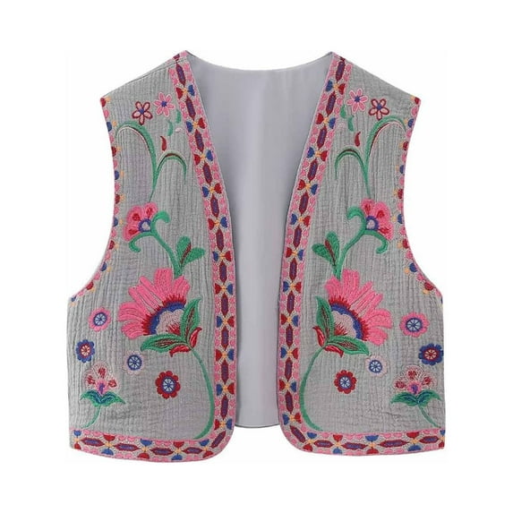 JINMGG Womens Coats Clearance, Winter Coats for Women Women Vintage Embroidered Vest Tops Linen Cropped Sleeveless Floral Cardigans Fashion Vests