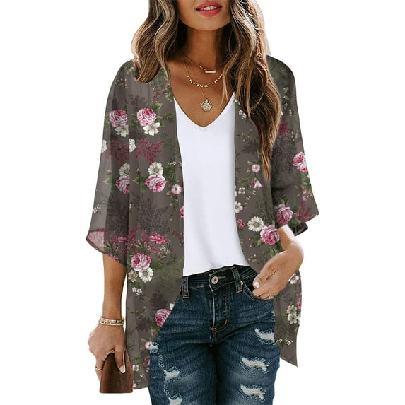 JINMGG Womens Coats , Winter Coats for Women Women's Floral Print Puff Sleeve Kimono Cardigan Loose Chiffon Cover Up Casual Blouse Tops