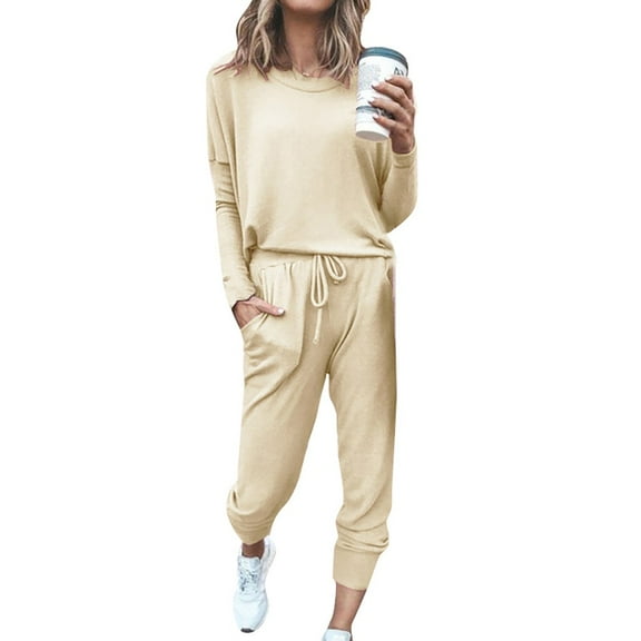 JINMGG Womens Plus Size Clearance $5 2Pc Women Pure Color Suit Long Sleeve Leisure Pocket Home Sweatpants Sets
