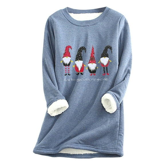 JINMGG Womens Plus Size $5, Christmas Tops for Women Long Sleeve Women Thick Fleece Sweatshirt Christmas Print Velvet Warm Underwear