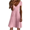 thumbnail image 1 of JINMGG Womens Plus Size Clearance $5 Fashion Women Casual V-Neck Solid Color Loose Elastic Short Sleeve Dress Skirt Pink L, 1 of 5