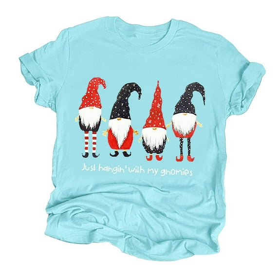 JINMGG Womens Plus Size $5 Fashion Women Christmas Print Short Sleeves O-Neck Loose T-Shirt Blouse Tops Sky Blue XXXL