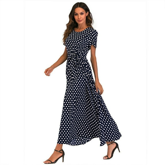 JINMGG Womens Plus Size $5 Fashion Women O-Neck Short Sleeve Beach Polka Dot Bandage Long Maxi Dress Navy XL