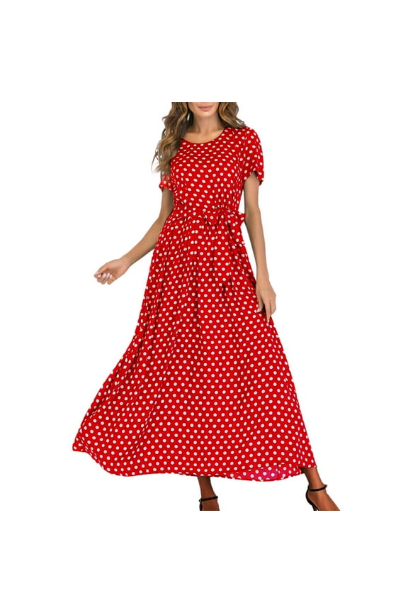 JINMGG Womens Plus Size $5 Fashion Women O-Neck Short Sleeve Beach Polka Dot Bandage Long Maxi Dress Red M
