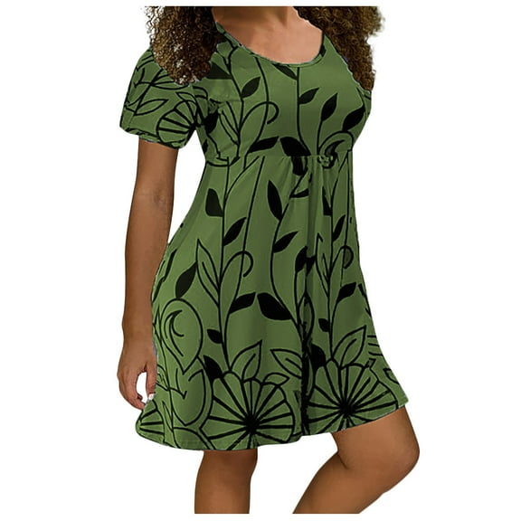 JINMGG Womens Plus Size $5 Fashion Women Plus Size Casual Floral Print Short Sleeves O-Neck Short Dress Army Green S