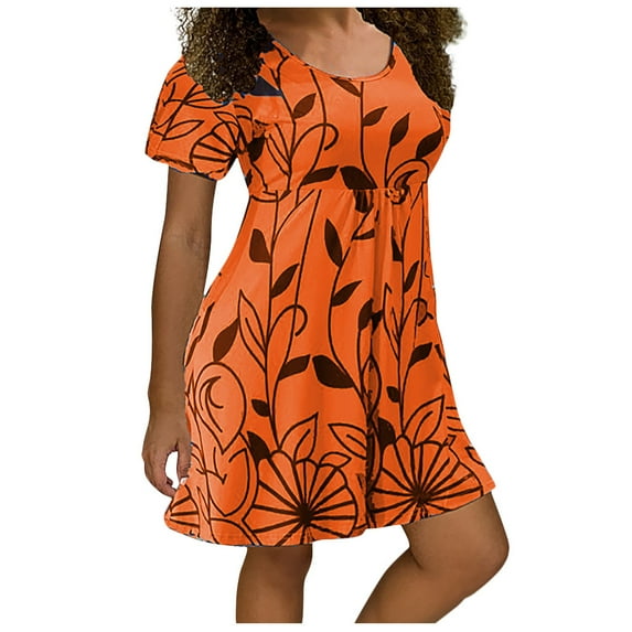 JINMGG Womens Plus Size $5 Fashion Women Plus Size Casual Floral Print Short Sleeves O-Neck Short Dress Orange L