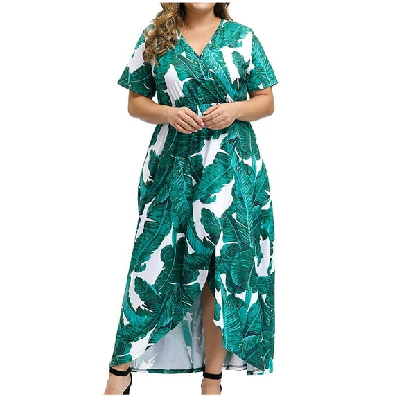 JINMGG Womens Plus Size Clearance $5 Fashion Women Plus Size Maxi Dresses Printing V-Neck Summer Casual Flowy Long Dress Green XXL