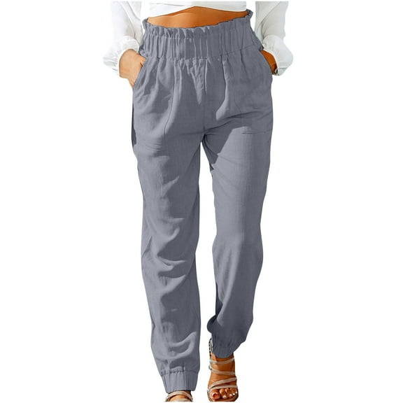 JINMGG Womens Plus Size $5 Fashion Women Summer Casual Loose Cotton and Linen Pocket Solid Trousers Pants Gray L