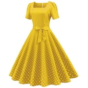 JINMGG Womens Plus Size $5 Fashion Womens A Line Flare Vintage Dress BowKnot Prom Swing Short Sleeve Polka Dot Printing Party Dress Yellow S