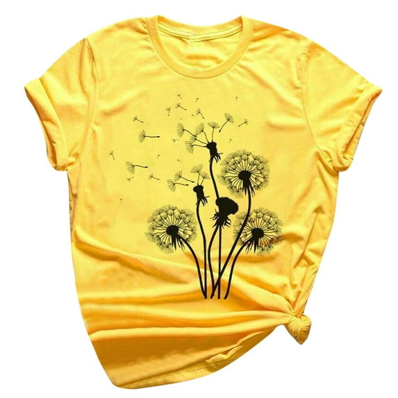 Omexry Womens Plus Size $5 New Women's T-Shirt Short Sleeves Fashion Big Floral Flower Lady T-Shirts Top Yellow XL